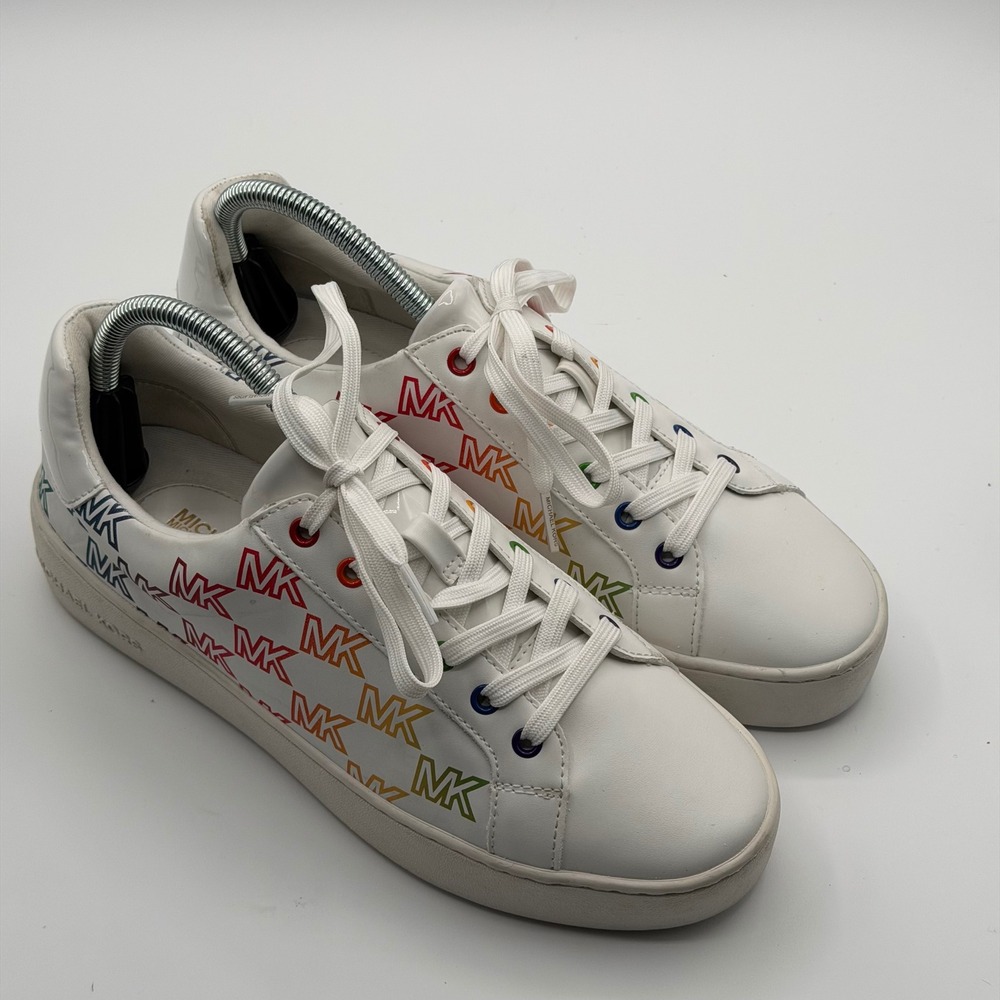 Michael Kors Poppy Rainbow MK Monogram White Platform Sneakers Womens 9.5M BF22F